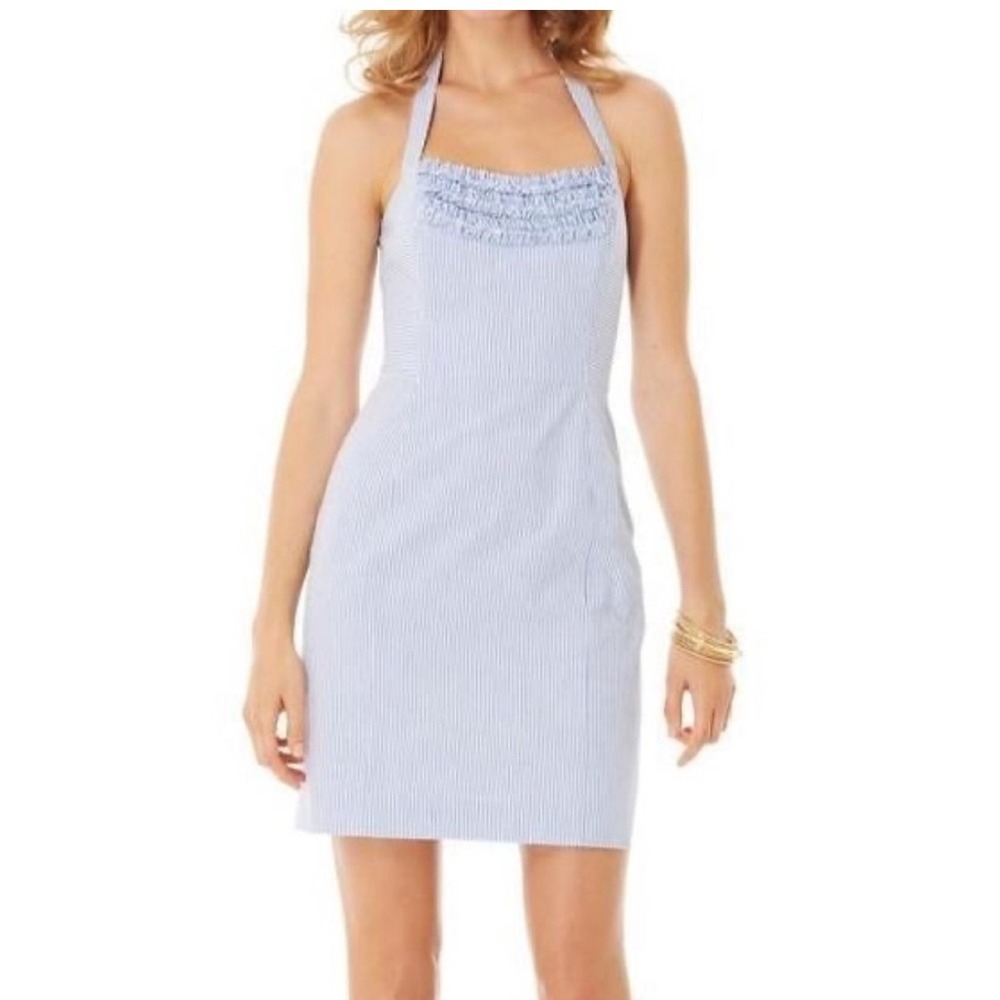 NWT Lilly Pulitzer Maureen Dress Womens 2 Blue Seersucker Beach Halter Cocktail